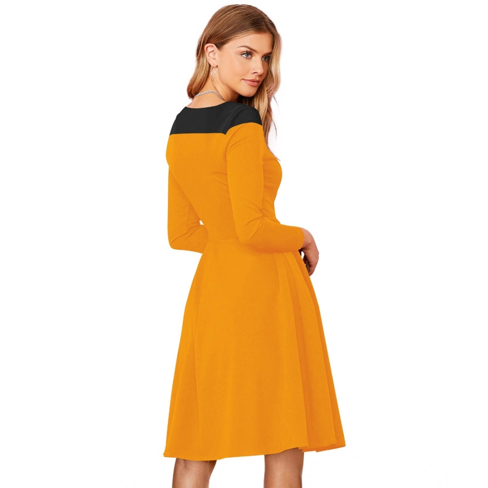 HD Women's Knitting stretchable Solid Round Neck Full Sleeve Dress (Yellow)