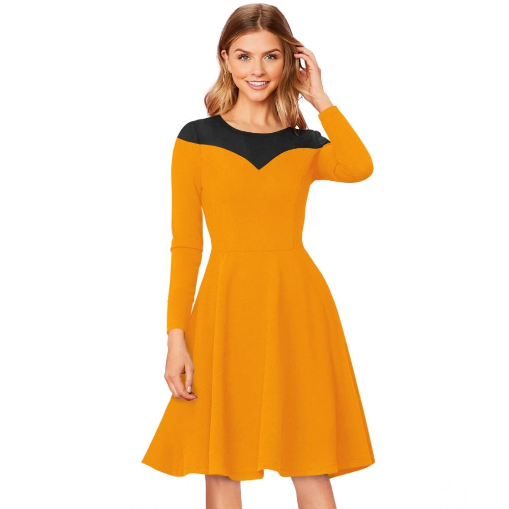 HD Women's Knitting stretchable Solid Round Neck Full Sleeve Dress (Yellow)