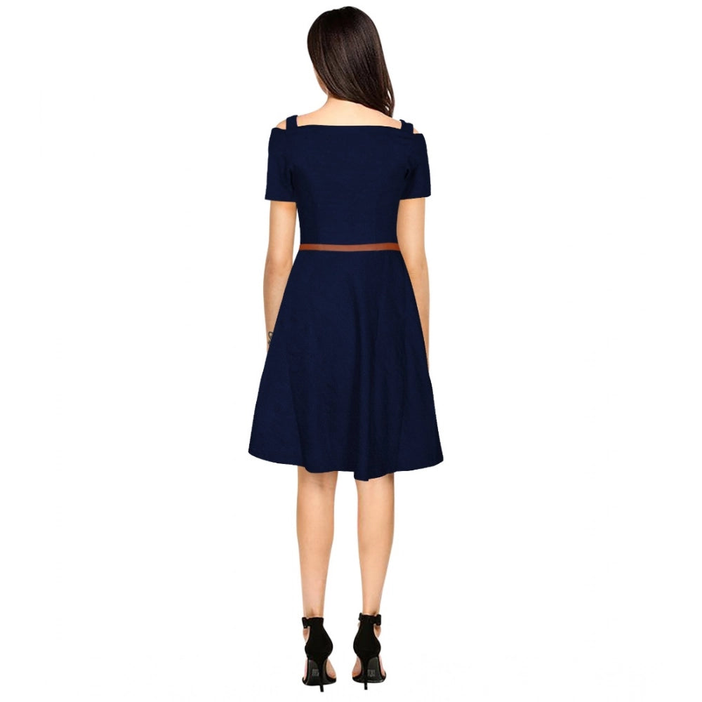 HD Women's Polyester Solid V Neck Cap Sleeve Dress (Blue)