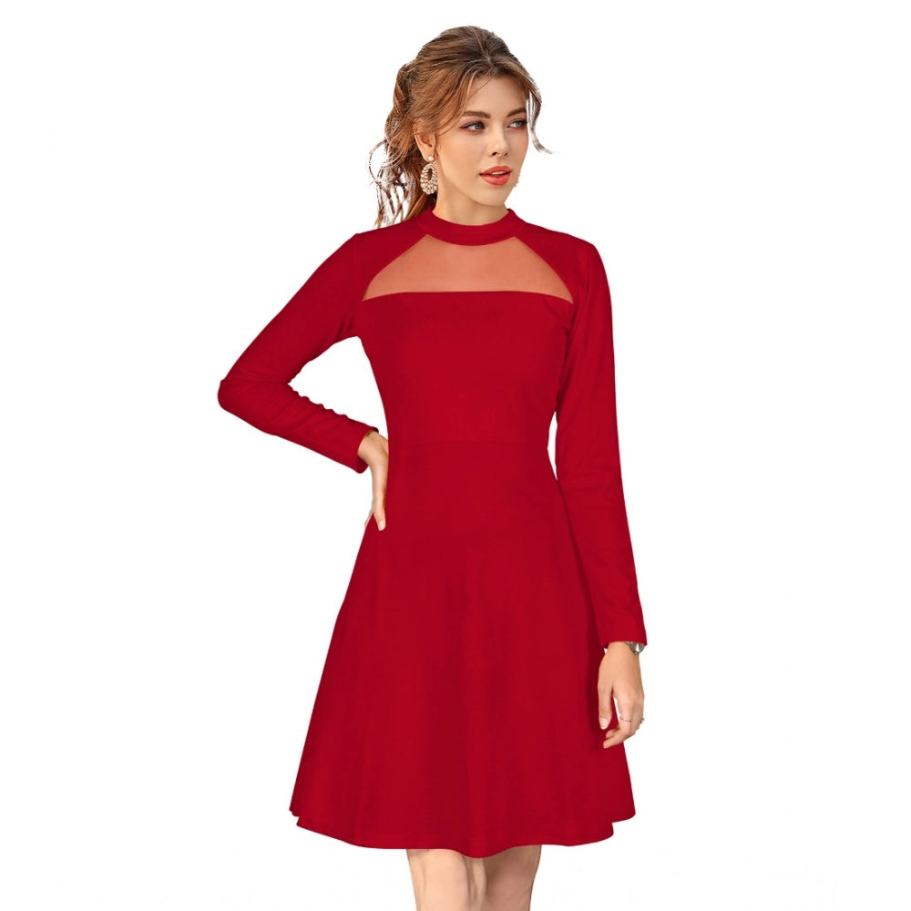 HD Women's Knitting stretchable Solid Round Neck Full Sleeve Dress (Red)