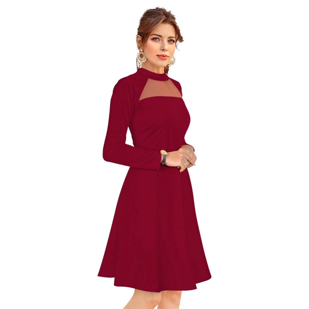 HD Women's Knitting stretchable Solid Round Neck Full Sleeve Dress (Maroon)