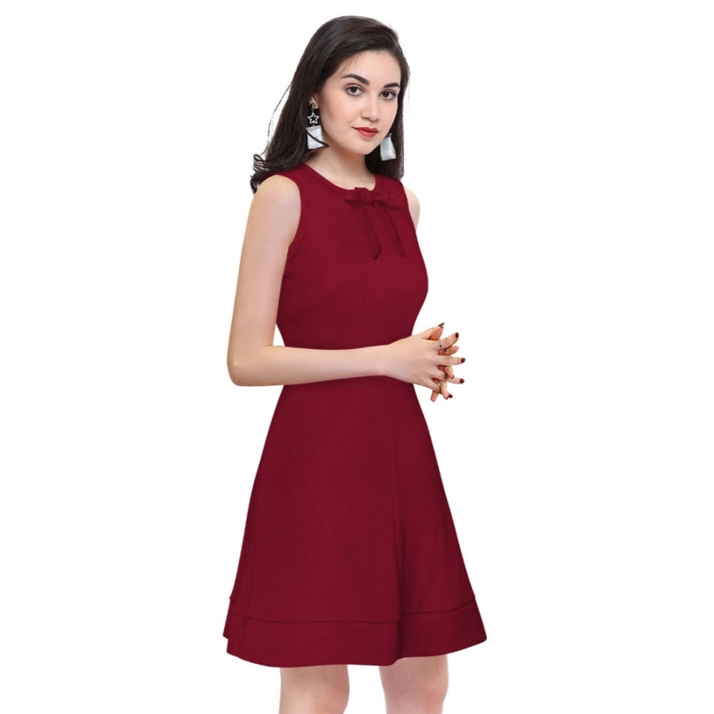 HD Women's Polyester Solid Round Neck Sleeveless Dress (Maroon)