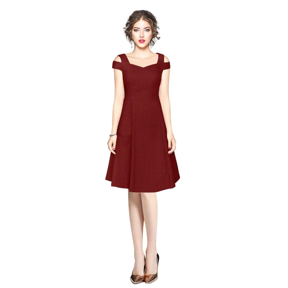 HD Women's Polyester Solid V Neck Cap Sleeve off Shoulder Dress (Maroon)