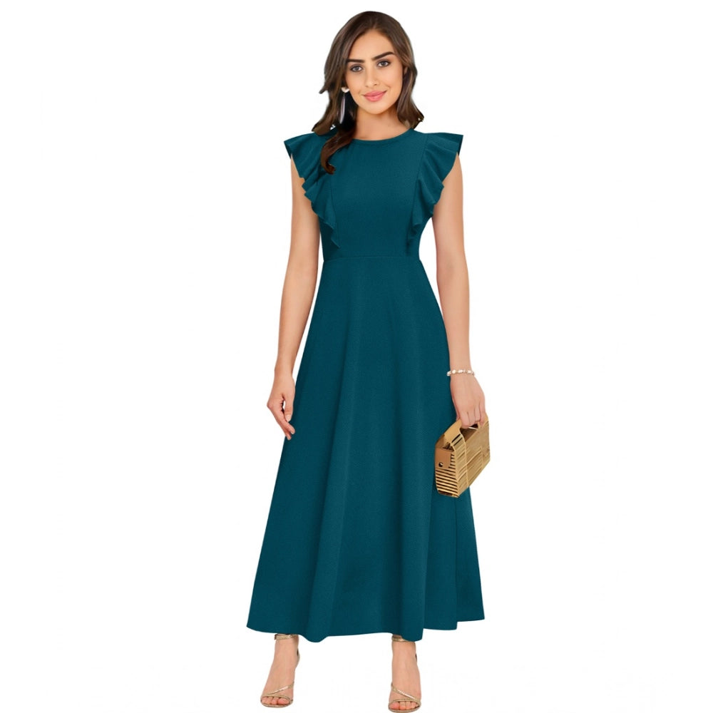 HD Women's Knitting stretchable Solid Round Neck Ruffled Sleeve Dress (Morpich)