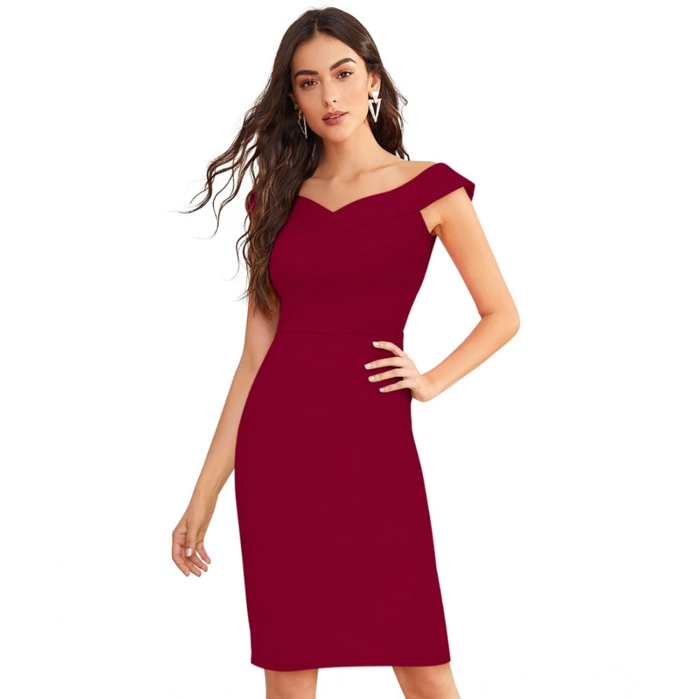 HD Women's Knitting stretchable Solid Round Neck Sleeveless Dress (Maroon)