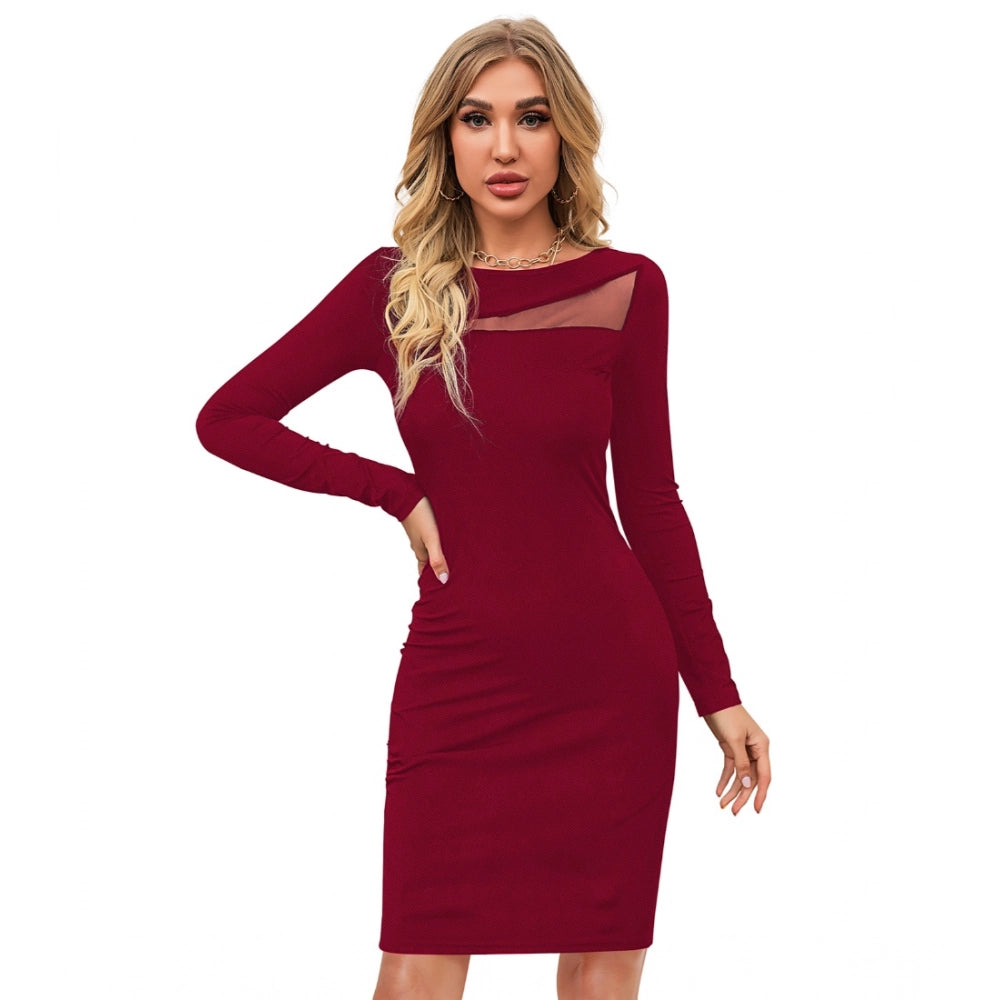 HD Women's Knitting stretchable Solid Round Neck Full Sleeve Dress (Maroon)