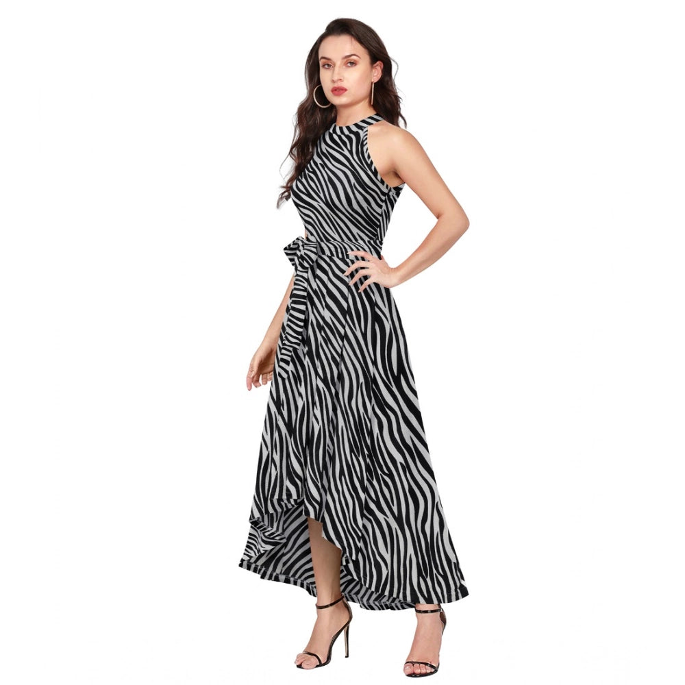 HD Women's Polyester Zebra Pattern Halter Neck Sleeveless Dress (Navy Blue)