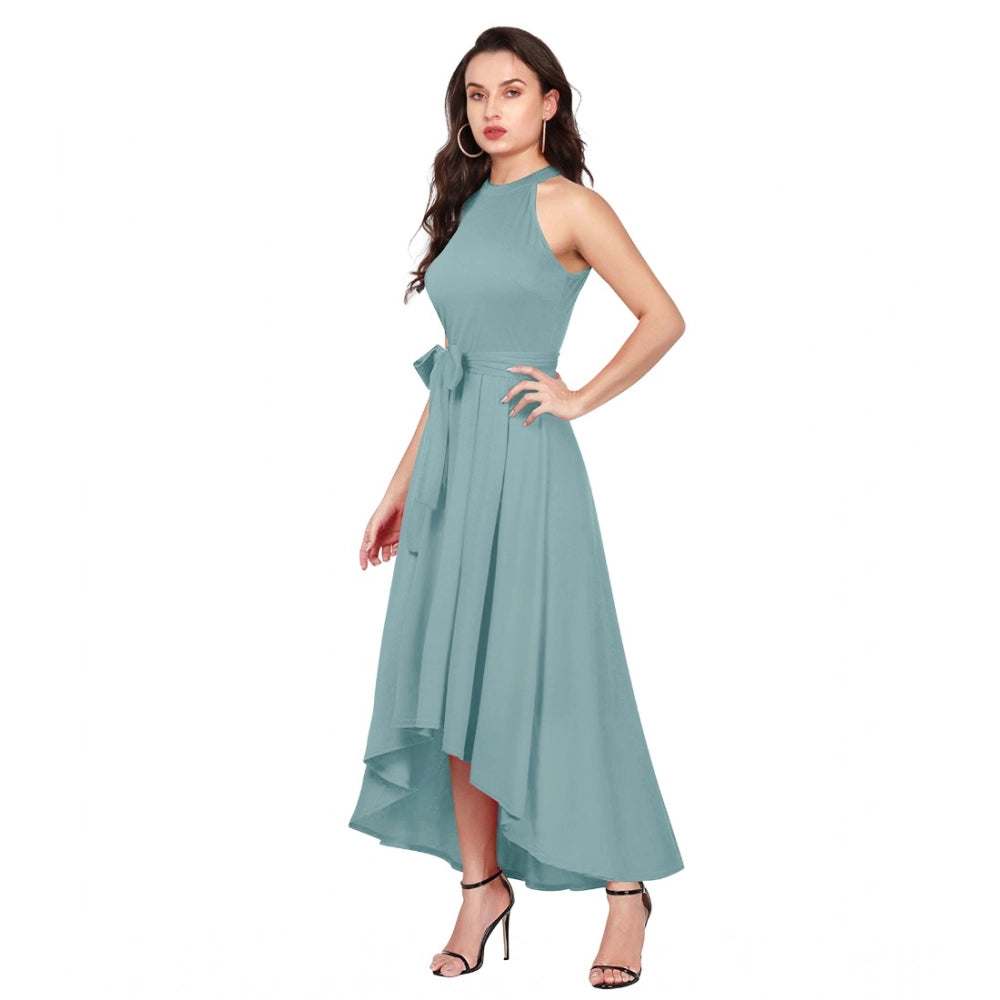 HD Women's Polyester Solid Halter Neck Sleeveless Dress (Pista)