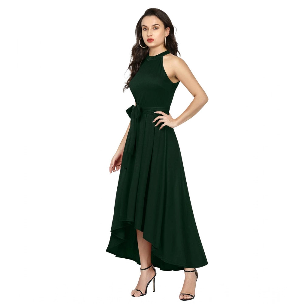 HD Women's Polyster Solid Halter Neck Sleeveless Dress (Green)