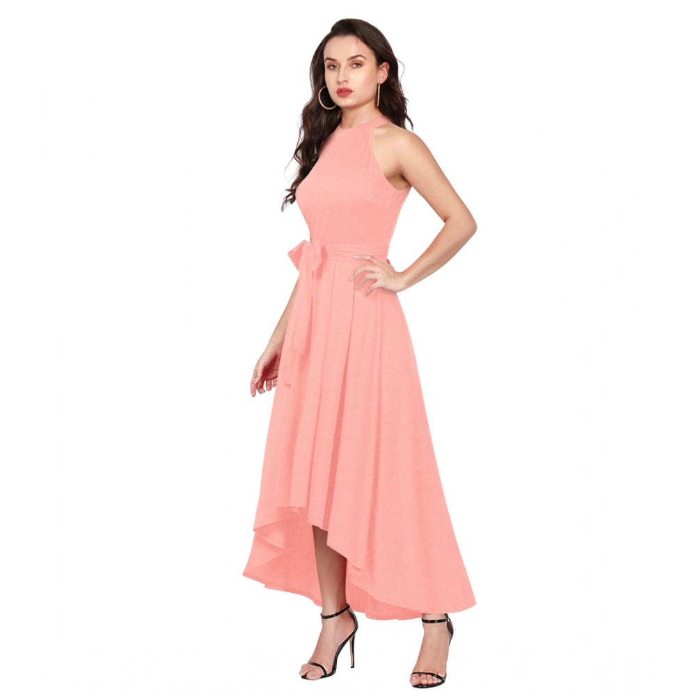 HD Women's Polyster Solid Halter Neck Sleeveless Dress (Peach)