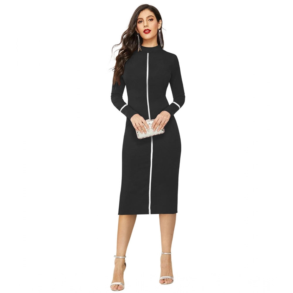 HD Women's Knitting stretchable Solid Round Neck Full Sleeve Dress (Black)
