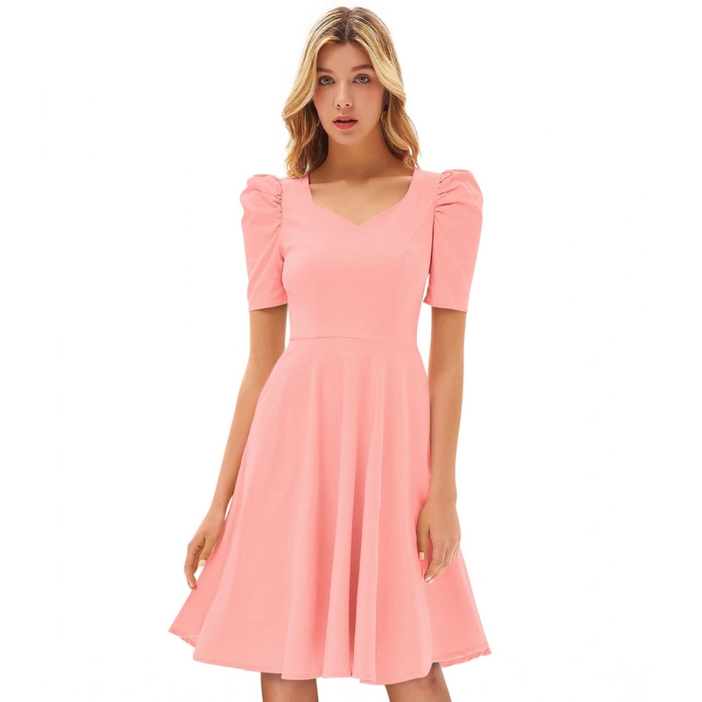 HD Women's Knitting stretchable Solid V Neck Cap Sleeve Dress (Peach)