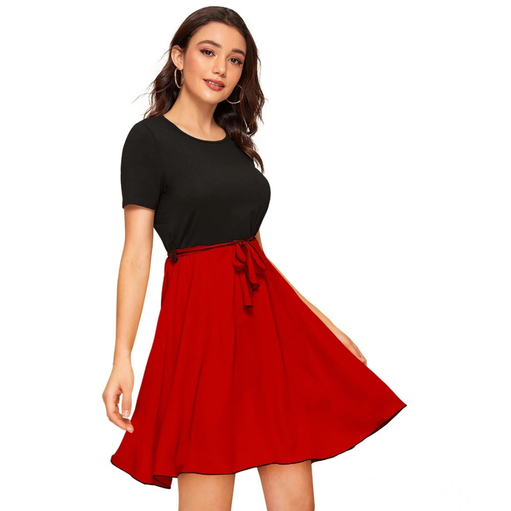 HD Women's Knitting stretchable Solid Round Neck Cap Sleeve Dress (Red)