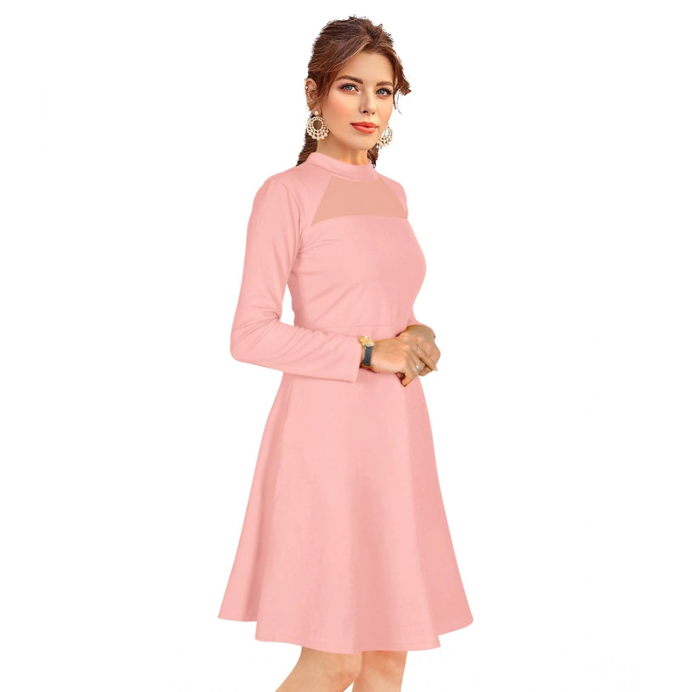 HD Women's Knitting stretchable Solid Round Neck Full Sleeve Dress (Peach)