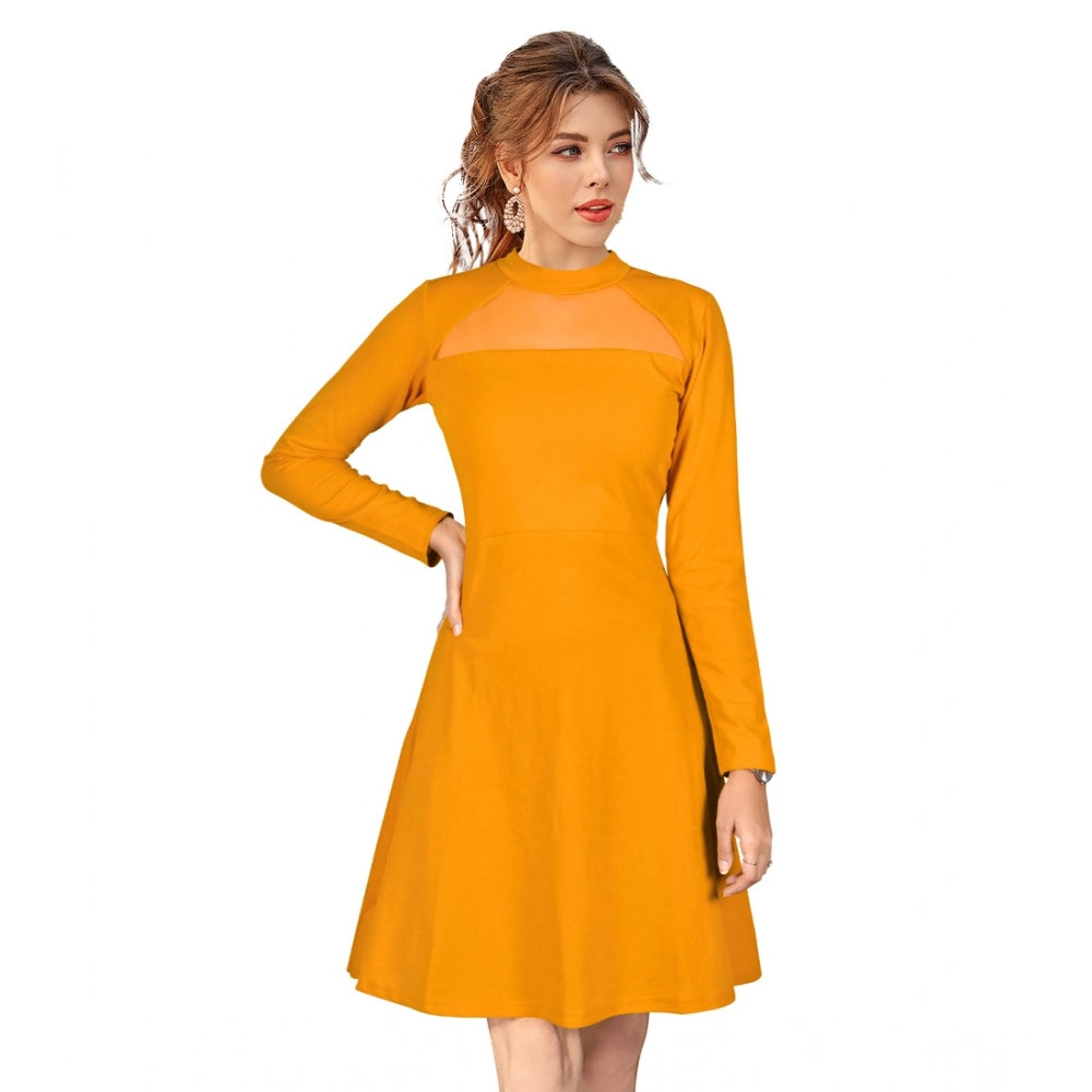 HD Women's Knitting stretchable Solid Round Neck Full Sleeve Dress (Yellow)