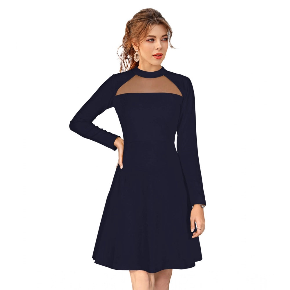HD Women's Knitting stretchable Solid Round Neck Full Sleeve Dress (Blue)