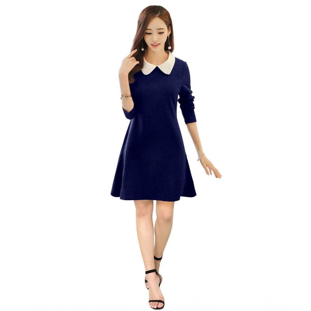 HD Women's Polyester Solid Collar 3-4th Dress (Blue)