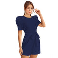 HD Women's Knitting stretchable Solid Round Neck 3-4 Puff Sleeve Dress (Blue)