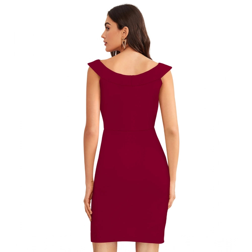 HD Women's Knitting stretchable Solid Round Neck Sleeveless Dress (Maroon)