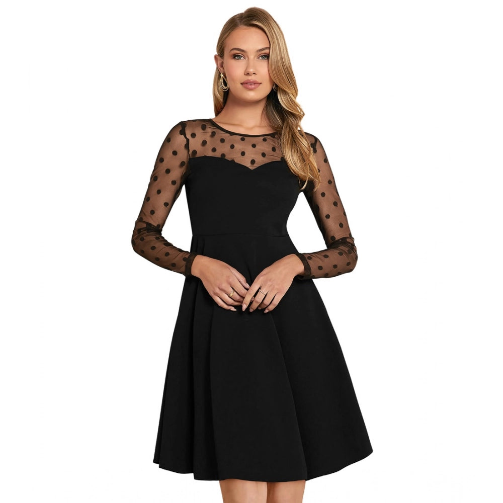 HD Women's Knitting stretchable Solid Round Neck Full Sleeve Dress (Black)
