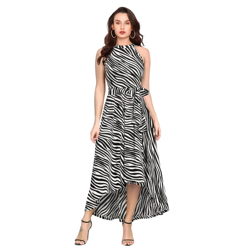 HD Women's Polyester Zebra Pattern Halter Neck Sleeveless Dress (White)