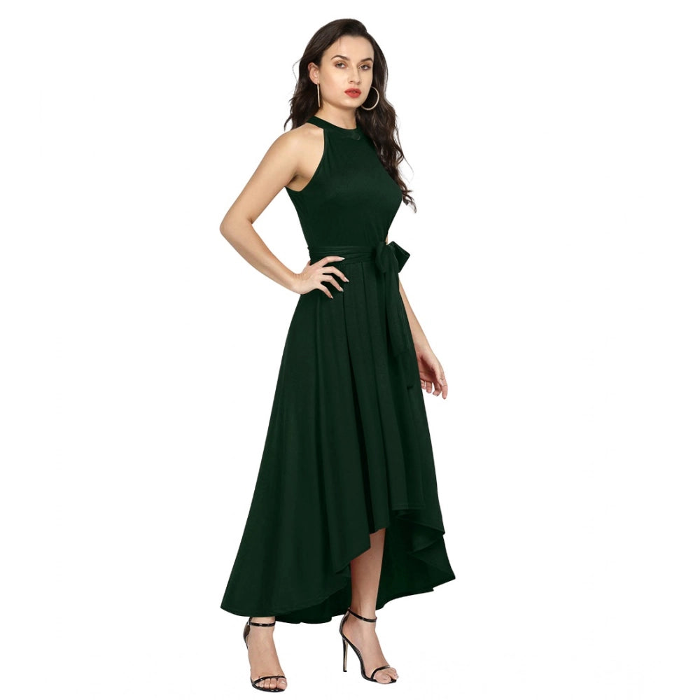 HD Women's Polyster Solid Halter Neck Sleeveless Dress (Green)