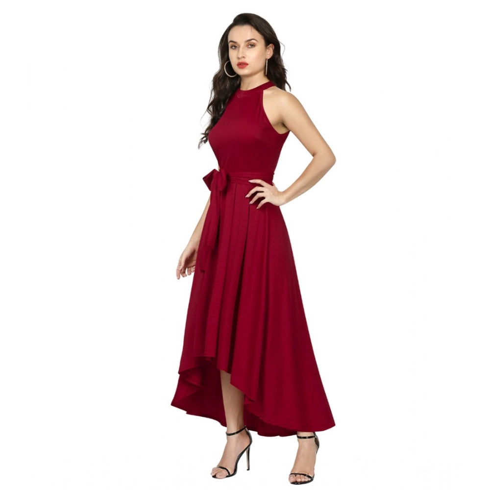 HD Women's Polyster Solid Halter Neck Sleeveless Dress (Maroon)