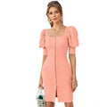HD Women's Knitting stretchable Solid Square Neck 3-4 Puff Sleeve Dress (Peach)