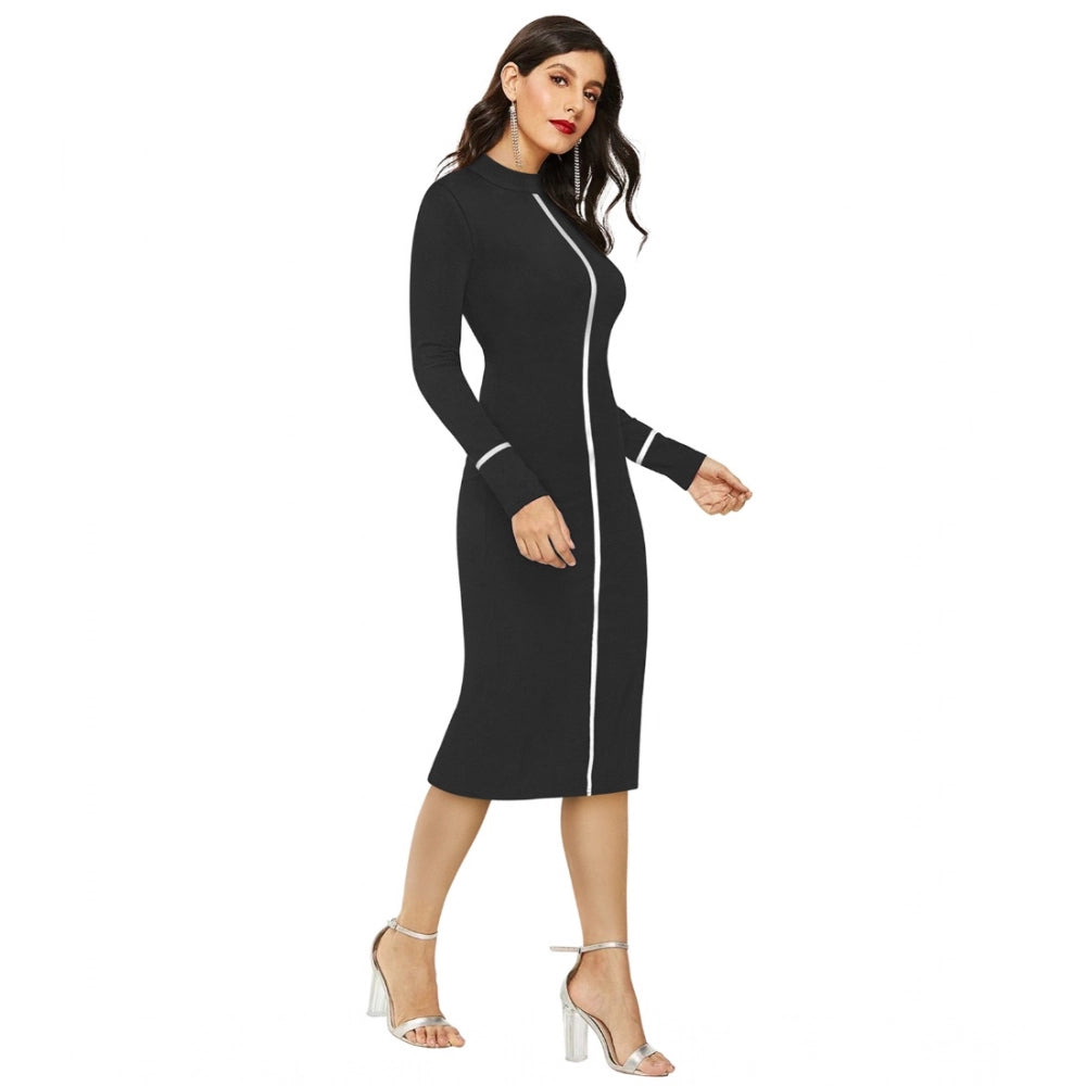 HD Women's Knitting stretchable Solid Round Neck Full Sleeve Dress (Black)