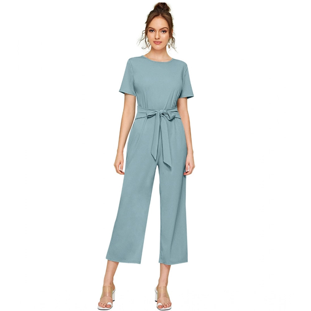 HD Women's Knitting stretchable Solid Round Neck Cap Sleeve Jumpsuit (Pista )