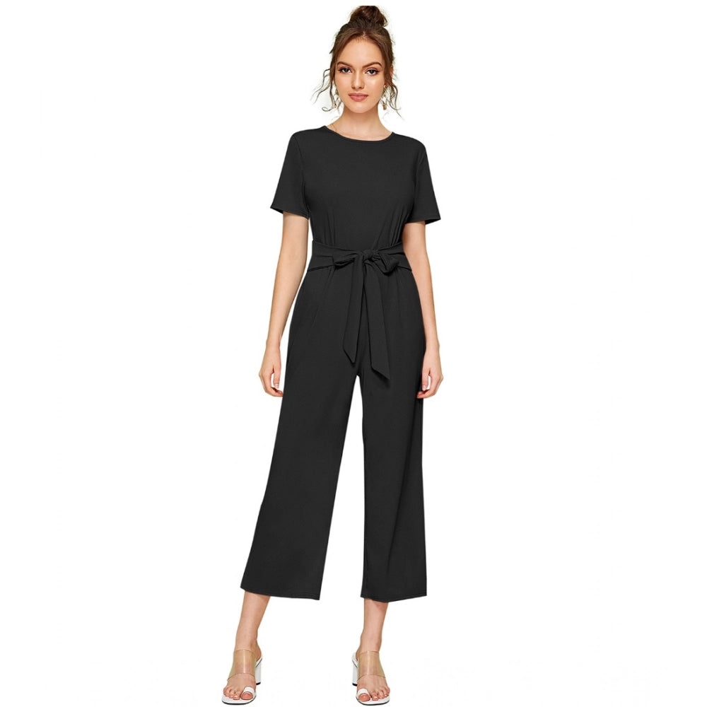 HD Women's Knitting stretchable Solid Round Neck Cap Sleeve Jumpsuit (Black)
