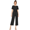 HD Women's Knitting stretchable Solid Round Neck Cap Sleeve Jumpsuit (Black)