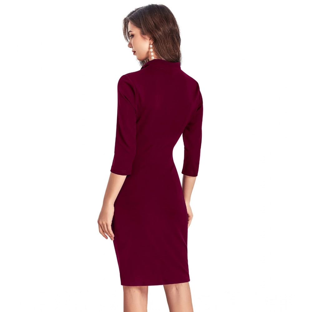 HD Women's Knitting stretchable Solid Round Neck 3-4th Dress (Maroon)