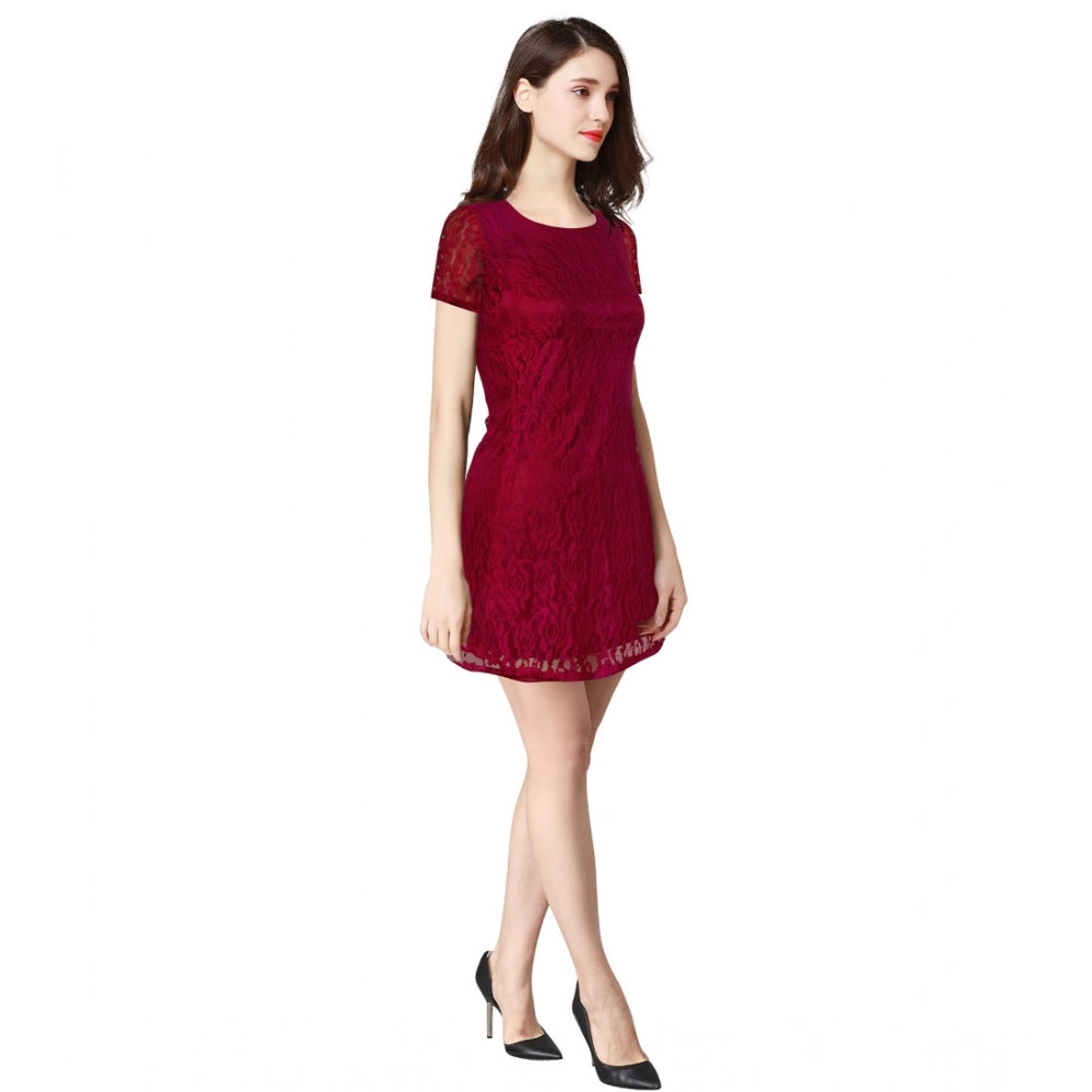 HD Women's Rasal Solid Round Neck Cap Sleeve Dress (Maroon)