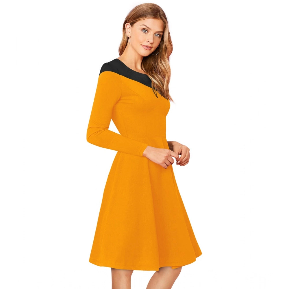 HD Women's Knitting stretchable Solid Round Neck Full Sleeve Dress (Yellow)