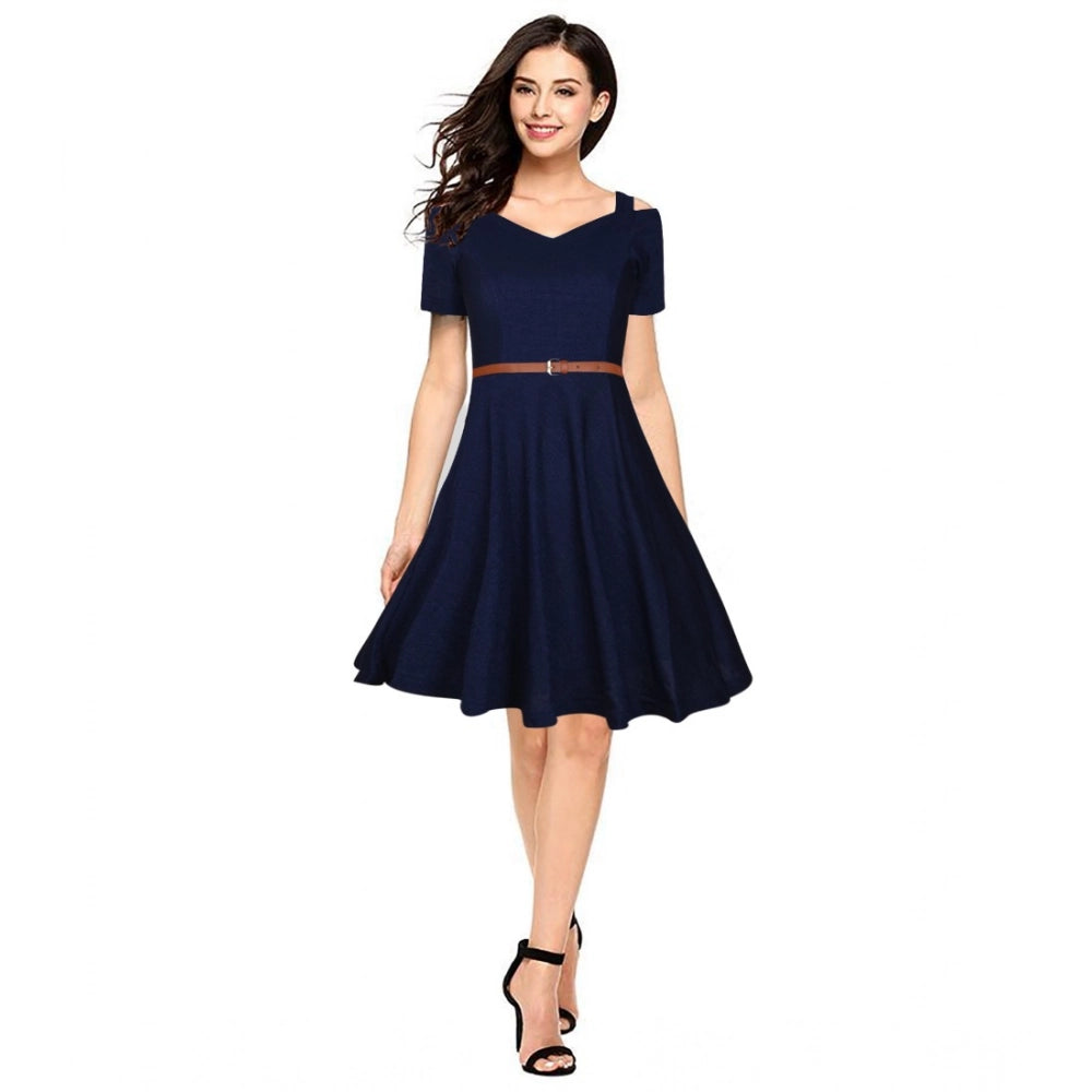 HD Women's Polyester Solid V Neck Cap Sleeve Dress (Blue)