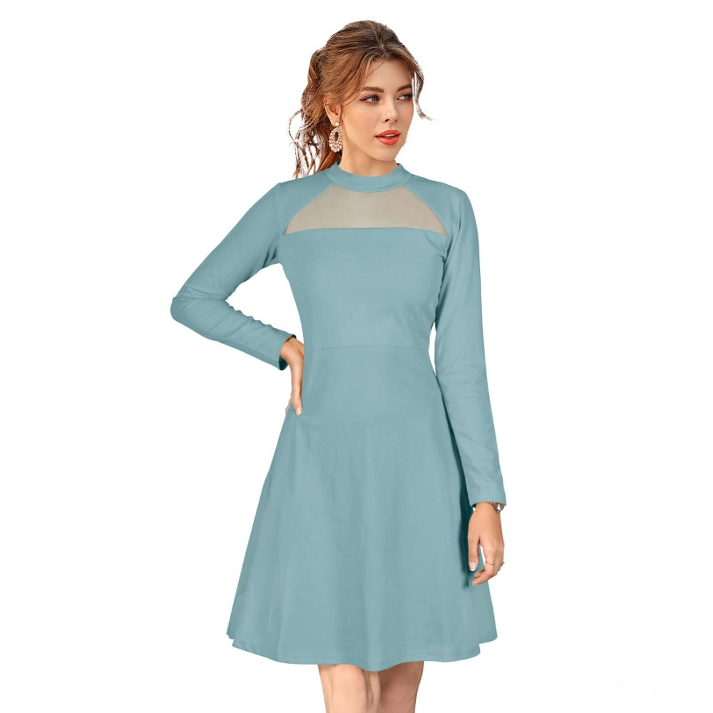 HD Women's Knitting stretchable Solid Round Neck Full Sleeve Dress (Pista)