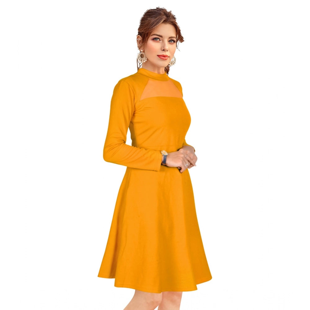 HD Women's Knitting stretchable Solid Round Neck Full Sleeve Dress (Yellow)