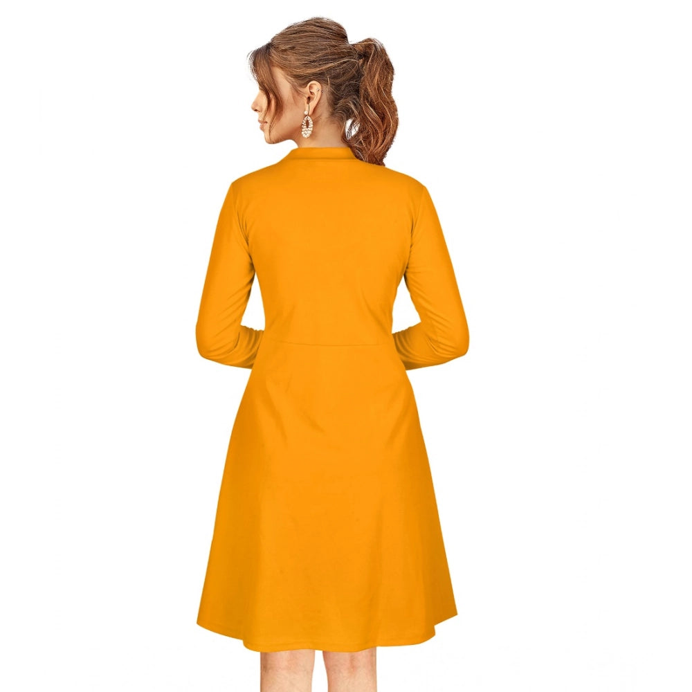 HD Women's Knitting stretchable Solid Round Neck Full Sleeve Dress (Yellow)