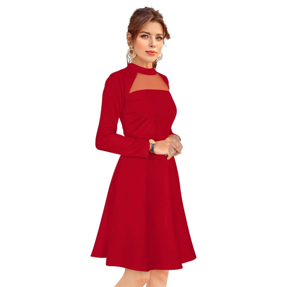 HD Women's Knitting stretchable Solid Round Neck Full Sleeve Dress (Red)