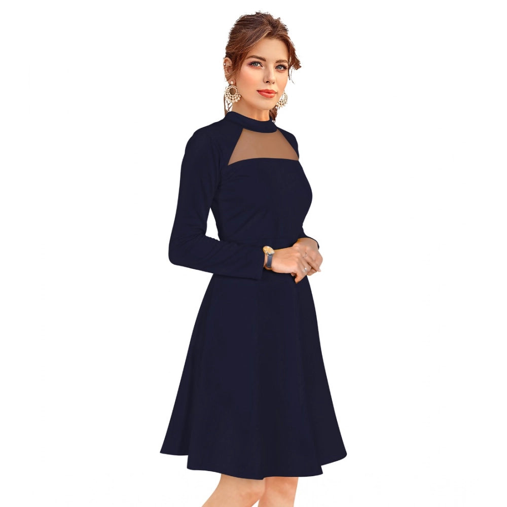 HD Women's Knitting stretchable Solid Round Neck Full Sleeve Dress (Blue)