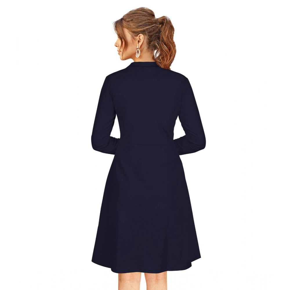 HD Women's Knitting stretchable Solid Round Neck Full Sleeve Dress (Blue)