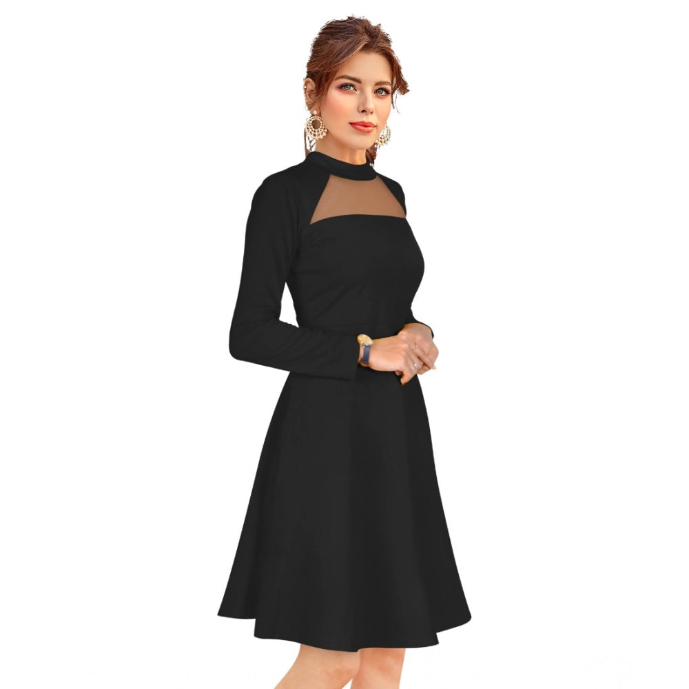 HD Women's Knitting stretchable Solid Round Neck Full Sleeve Dress (Black)