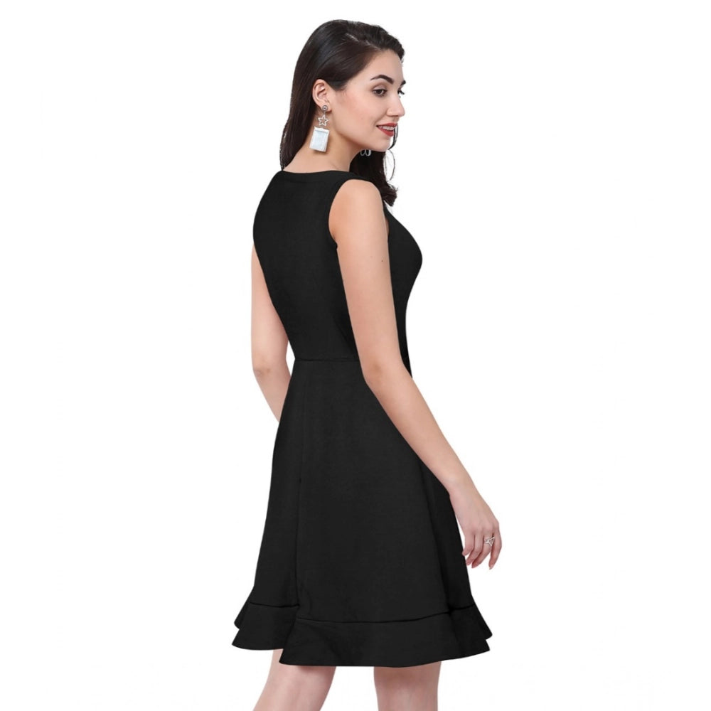 HD Women's Polyester Solid Round Neck Sleeveless Dress (Black)