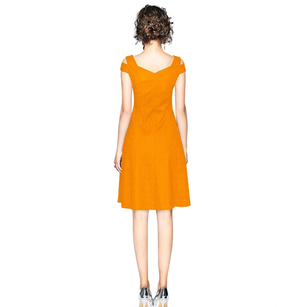 HD Women's Polyester Solid V Neck Cap Sleeve off Shoulder Dress (Yellow)