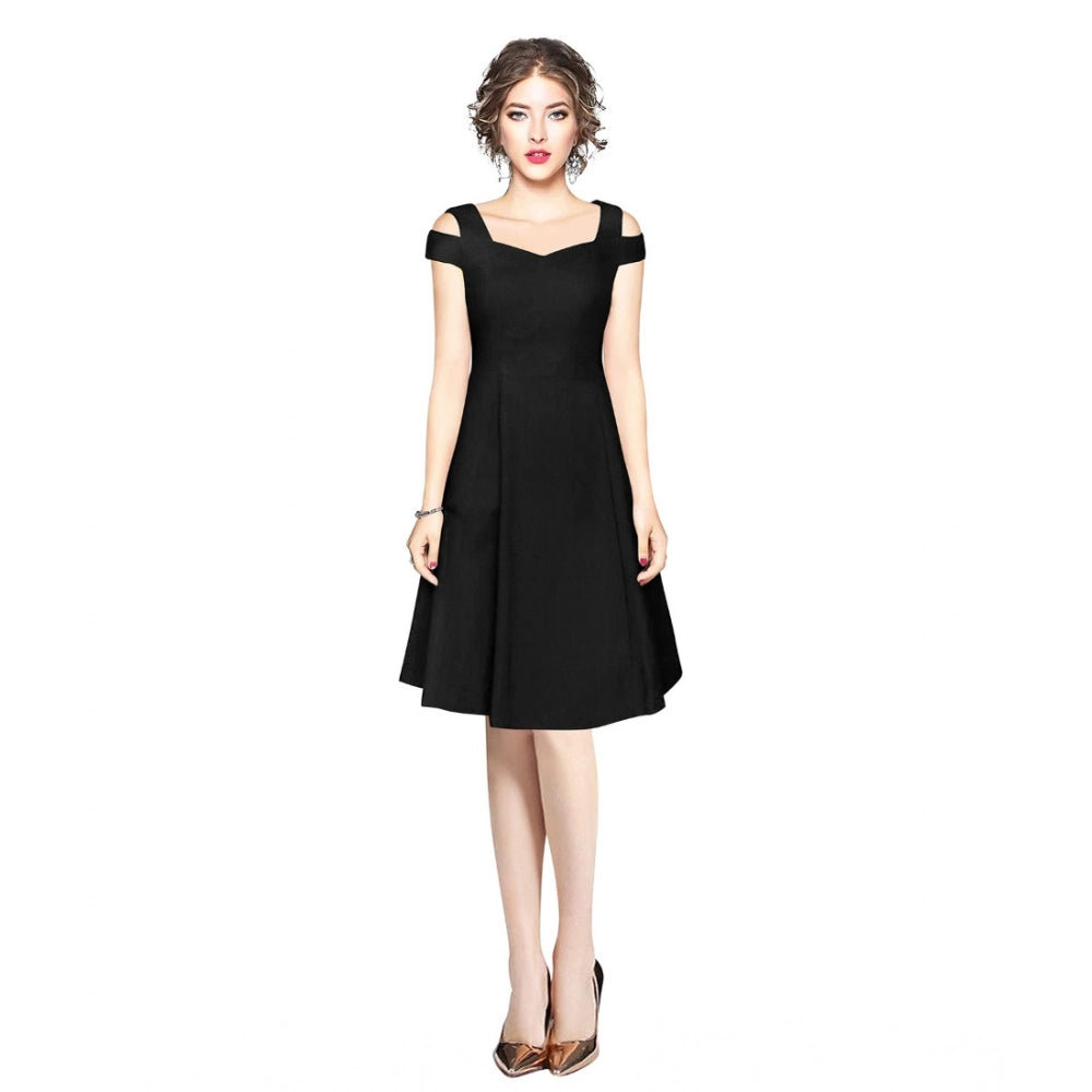 HD Women's Polyester Solid V Neck Cap Sleeve off Shoulder Dress (Black)