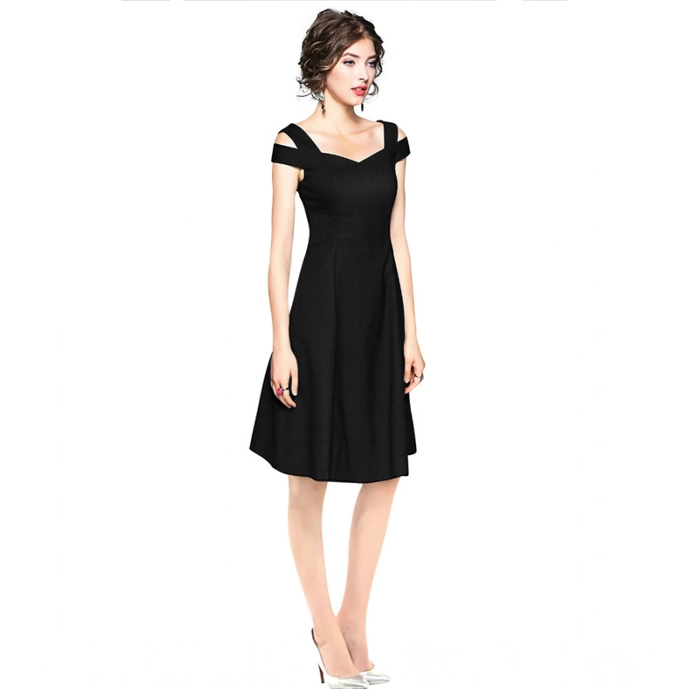 HD Women's Polyester Solid V Neck Cap Sleeve off Shoulder Dress (Black)