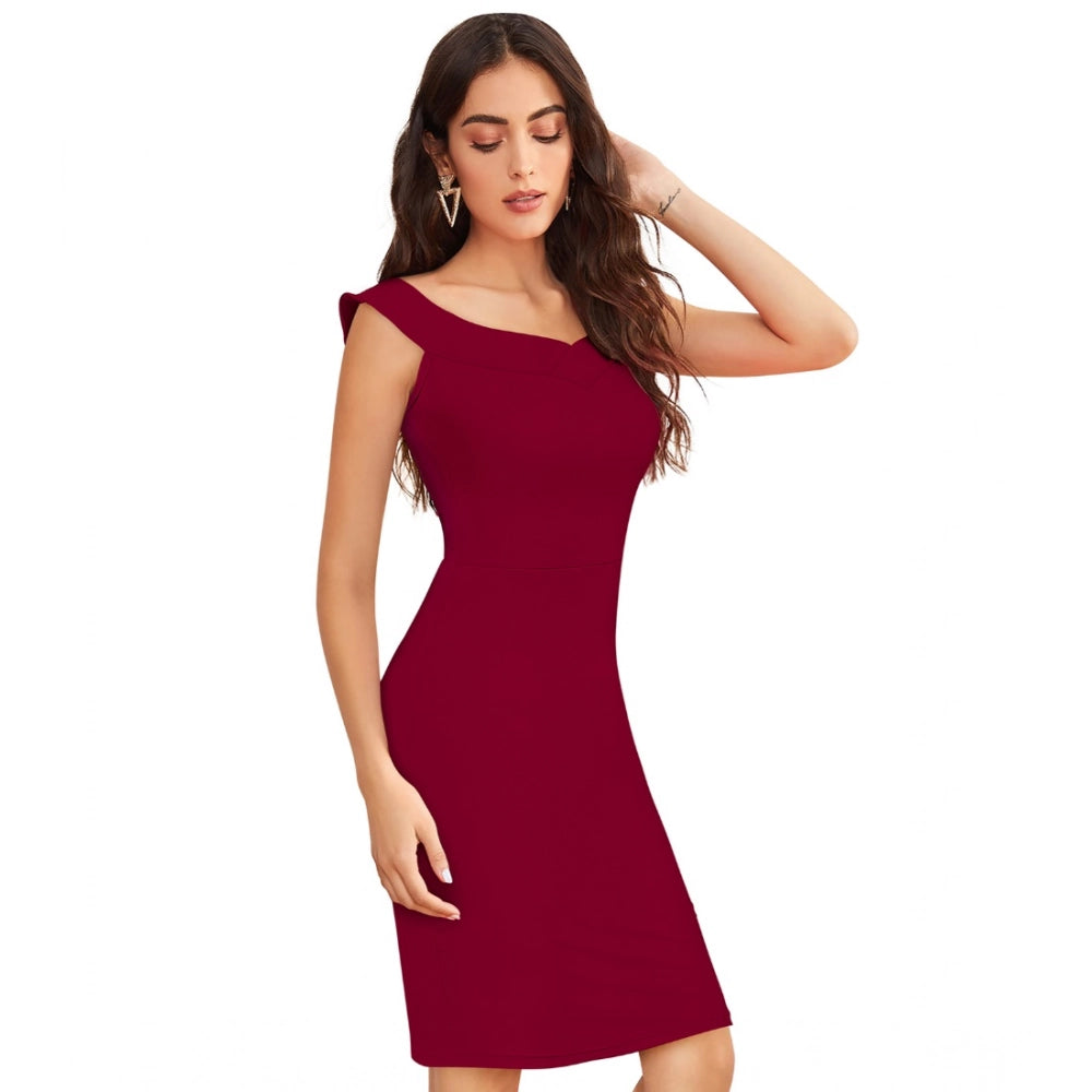 HD Women's Knitting stretchable Solid Round Neck Sleeveless Dress (Maroon)