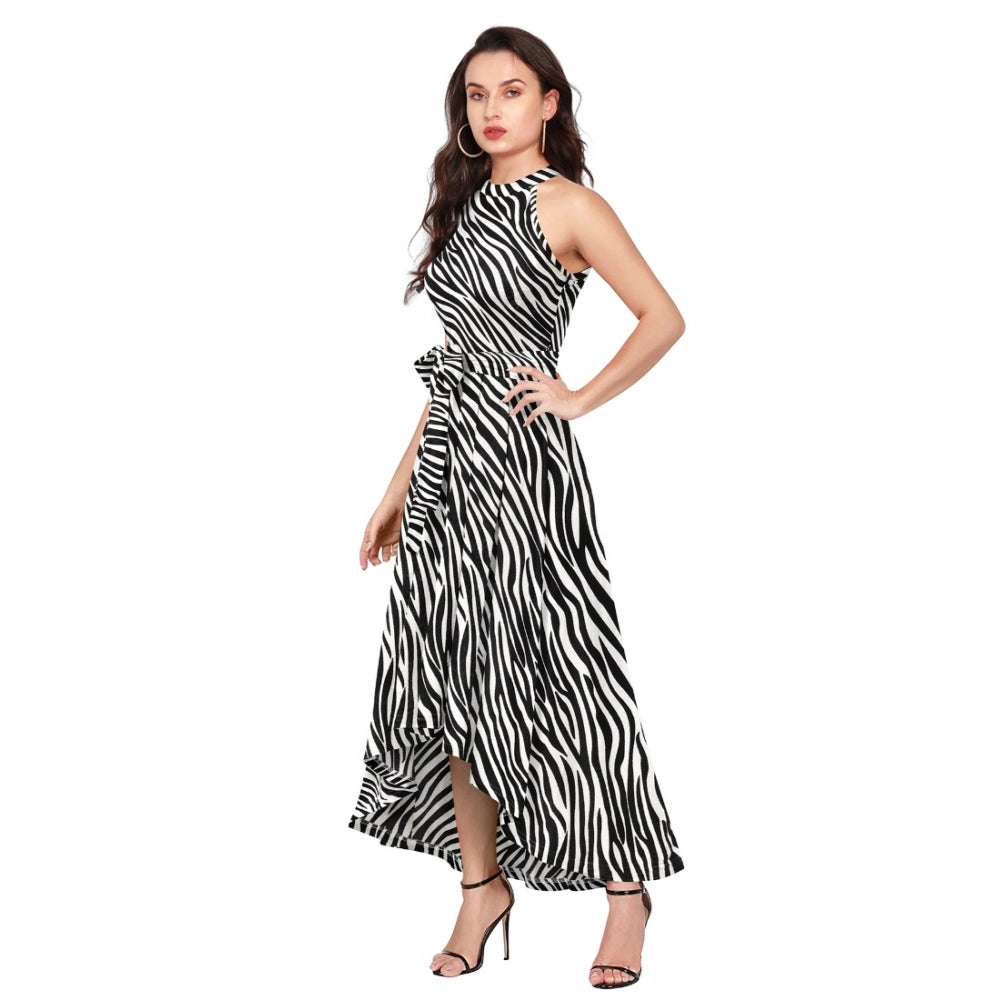 HD Women's Polyester Zebra Pattern Halter Neck Sleeveless Dress (White)