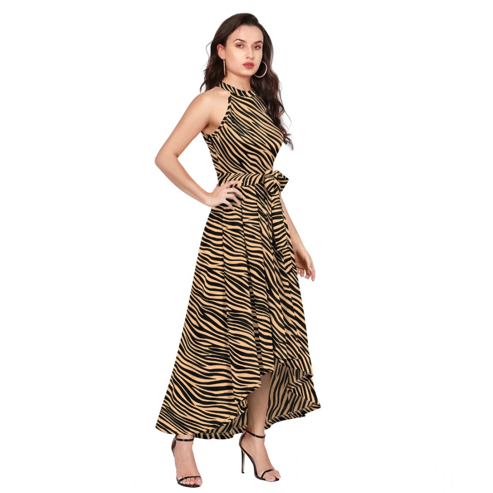 HD Women's Polyester Zebra Pattern Halter Neck Sleeveless Dress (Yellow)